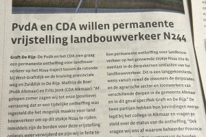 PvdA en CDA willen permanente vrijstelling landbouwverkeer N244